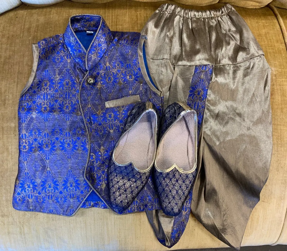 Child's Ornate Silk Blue Vest And Trousers With Shoes 1