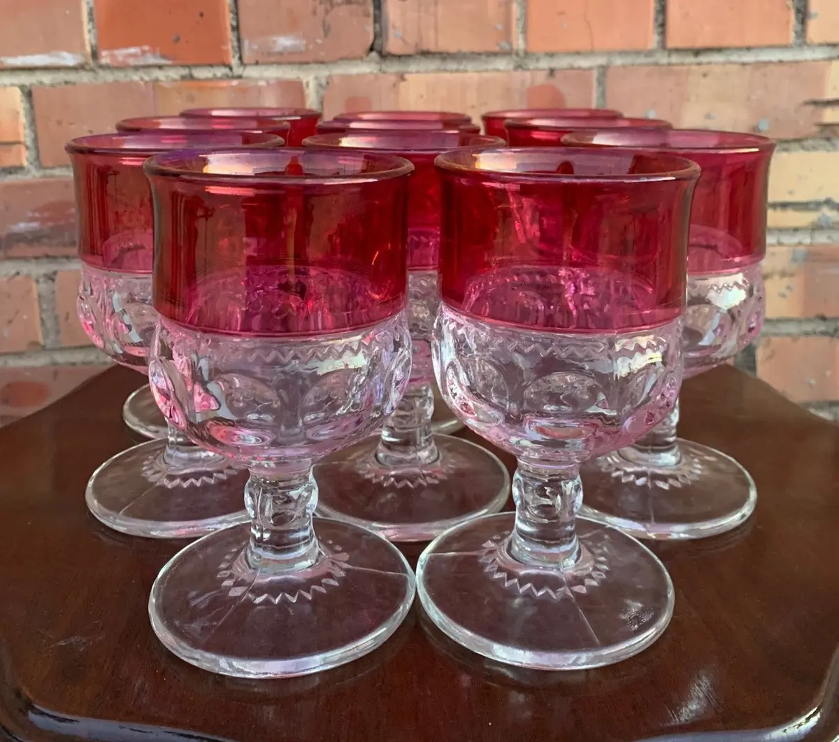 Set Of 11 Cranberry Rim Clear Thumbprint Glass Goblets 1