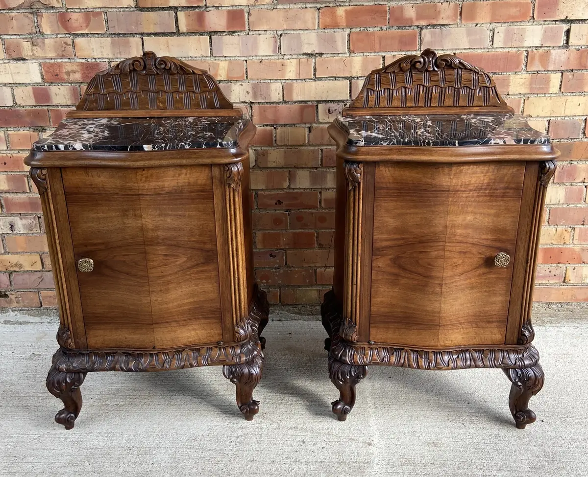Pair Of Italian Marble Top Walnut Side Cabinets 1