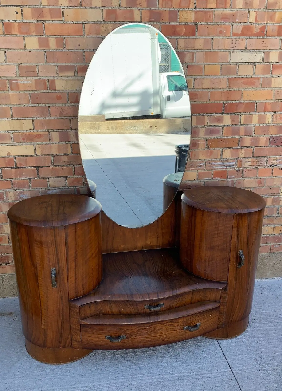 Art Deco Walnut Vanity With Oval Mirror 1