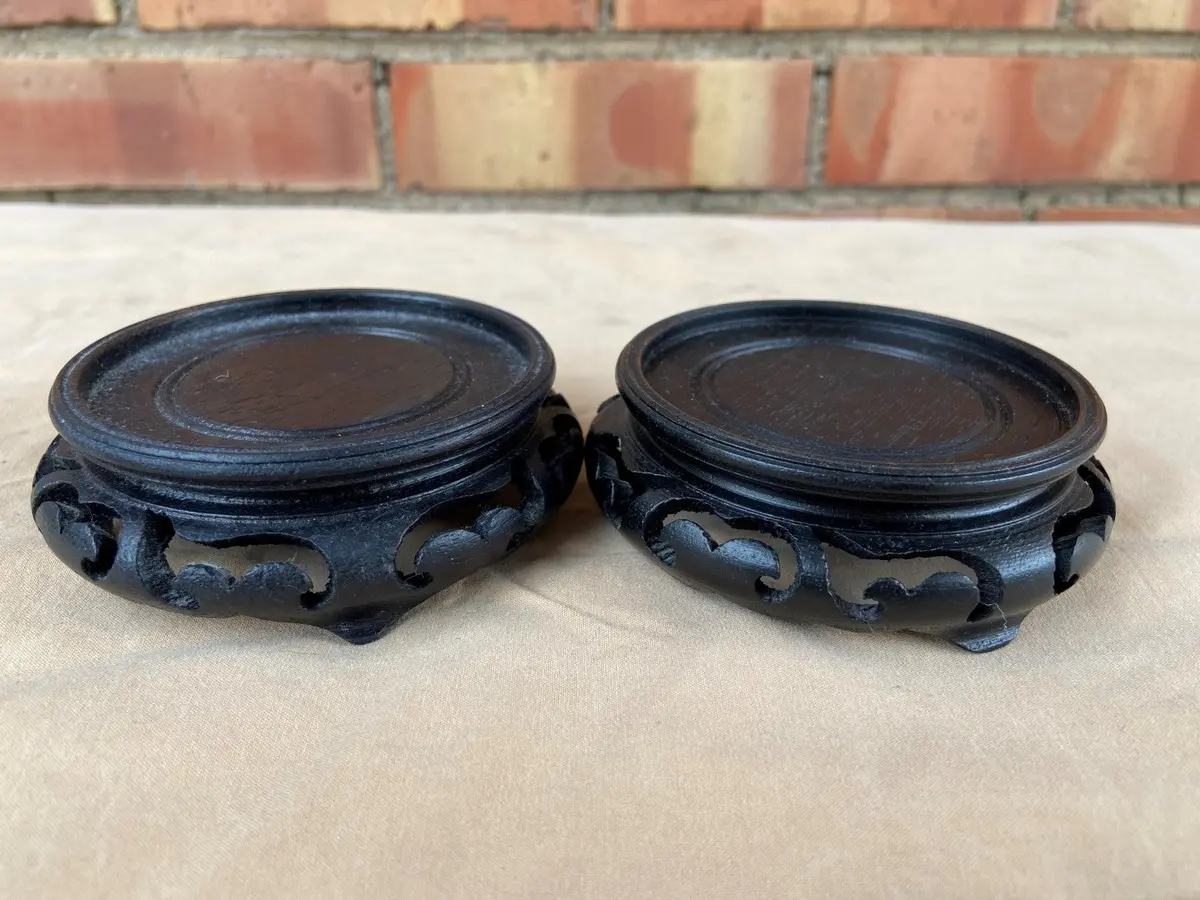 Pair Of Tiny  Round Black Asian Pierce Carved Stands 1