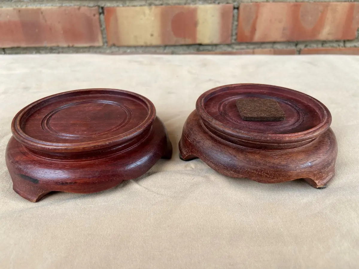 Pair Of Tiny  Round Mahogany Asian Pierce Carved Stands 1