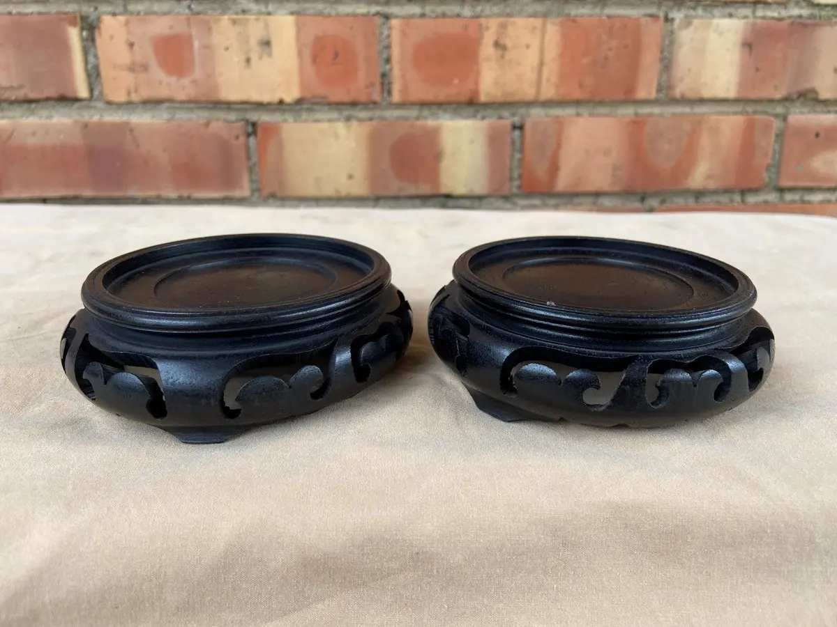 Pair Of Small Black Pierce Carved Round Asian Stands 1