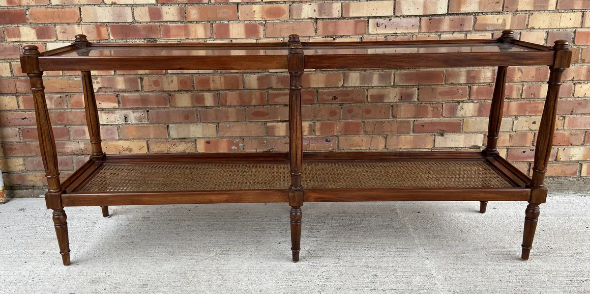Midcentury Caned Glass Top Sofa Table 1