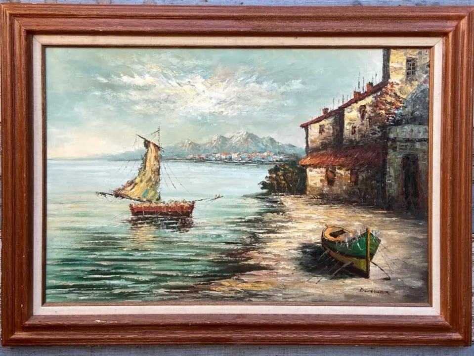Italian Impressionist Sailboat In Harbor Oil Painting 1