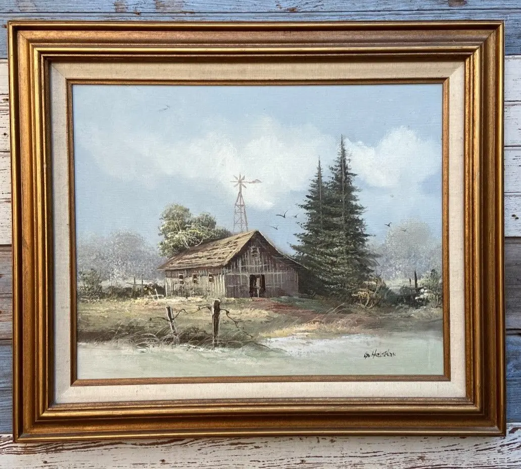 Old Barn With Windmill And Pine Trees Painting 1