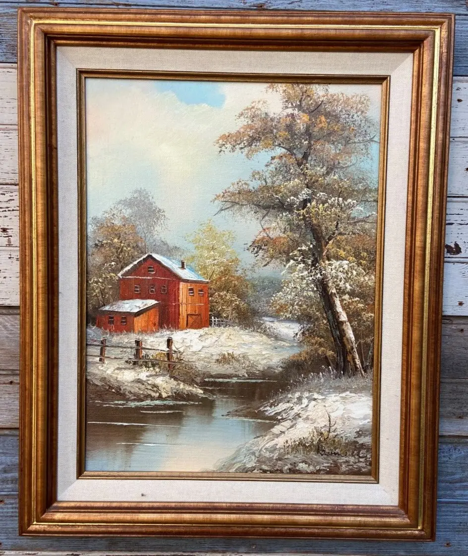 Red Barn In The Snow Oil Painting 1