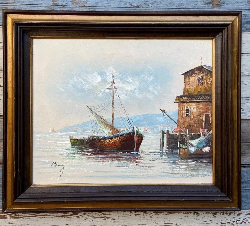 Oil Painting Of Sailboat In Harbor By Markay 1