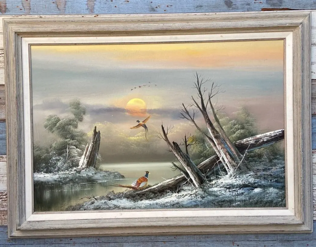 Sunset On Lake With Pheasants Oil Painting 1