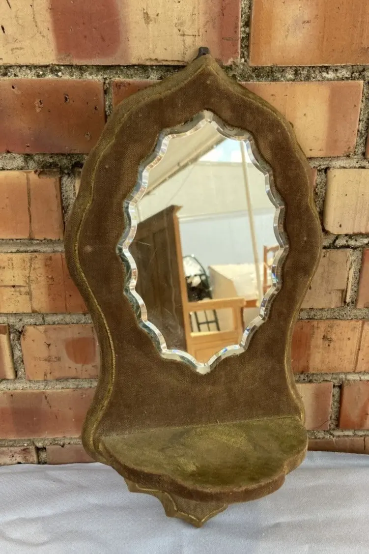 Small Beveled Mirror With Green Fabric Frame 1