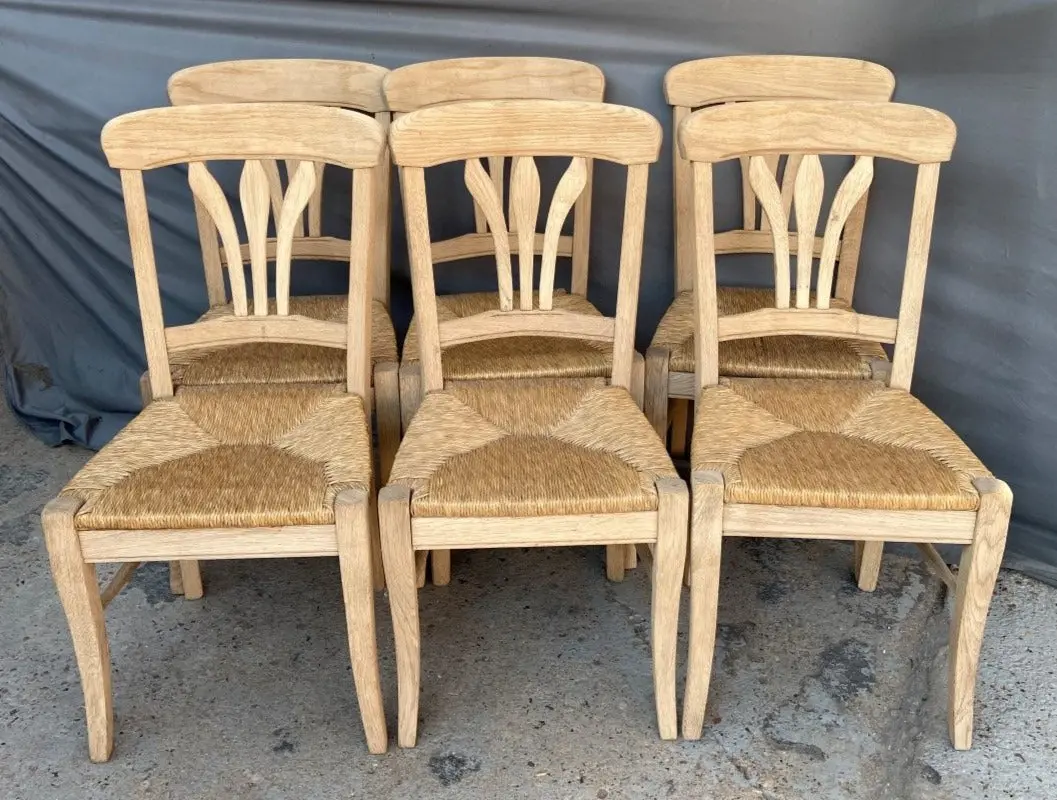 Set Of Six Raw Oak Rush Seat Chairs 1