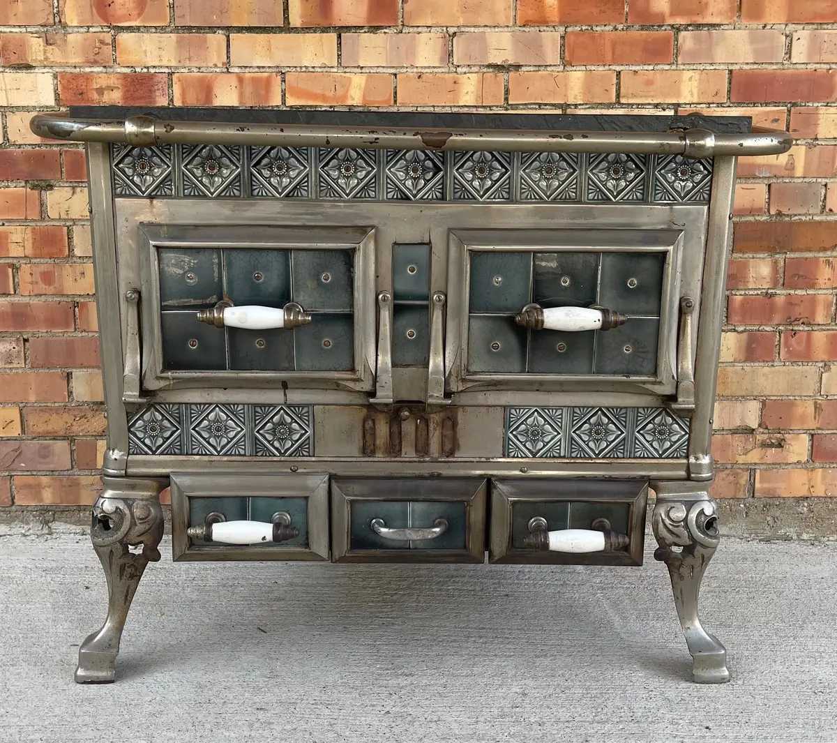Antique Decorative Stove W/ Tile Front And Porcelain Handles 1