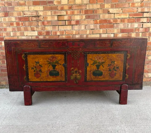 Antique Asian Red Painted Low Console 1