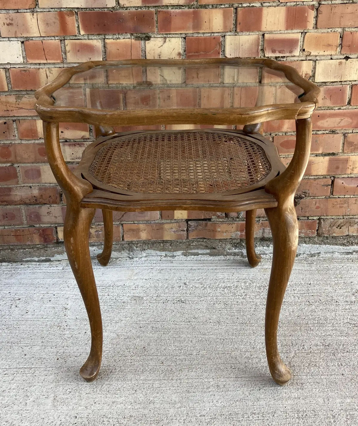 Glass Top Bentwood Walnut Side Table With Cane Shelf 1