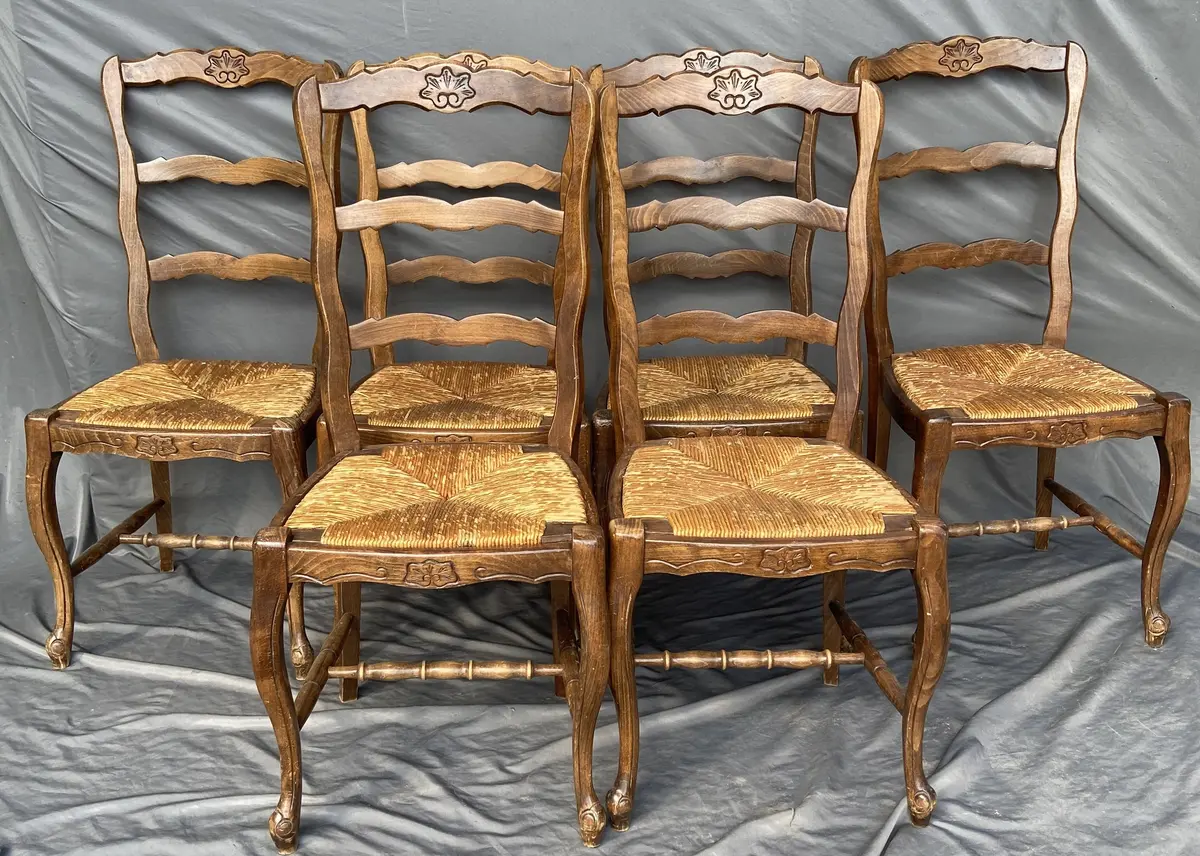 Set Of 6 Louis Xv Ladder Back Oak Chairs With Rush Seats 1