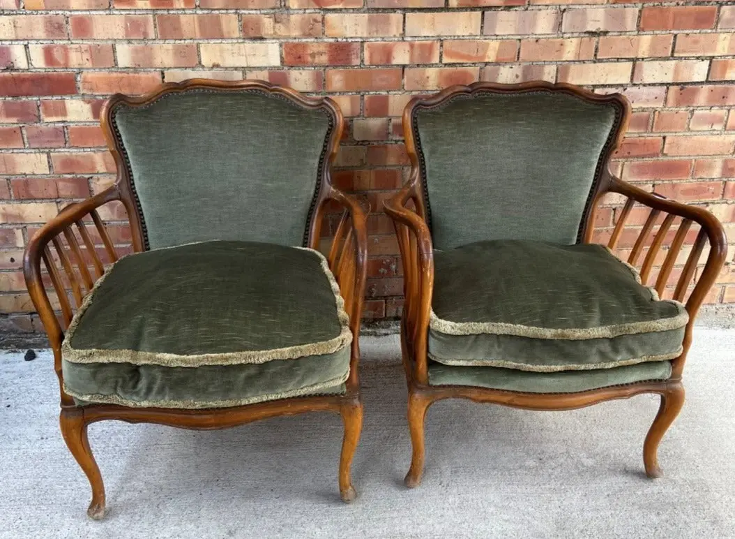 Pair Of Continental Bentwood Walnut Armchairs With Green Upholstery 1