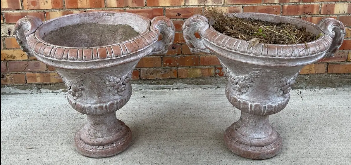 Pair Of Stone Garden Urns -Pink Planters 1