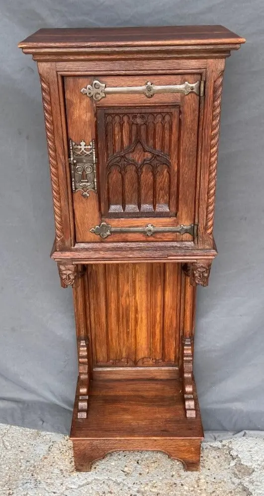 Narrow Neo Gothic Tracery Carved Oak Cabinet 1