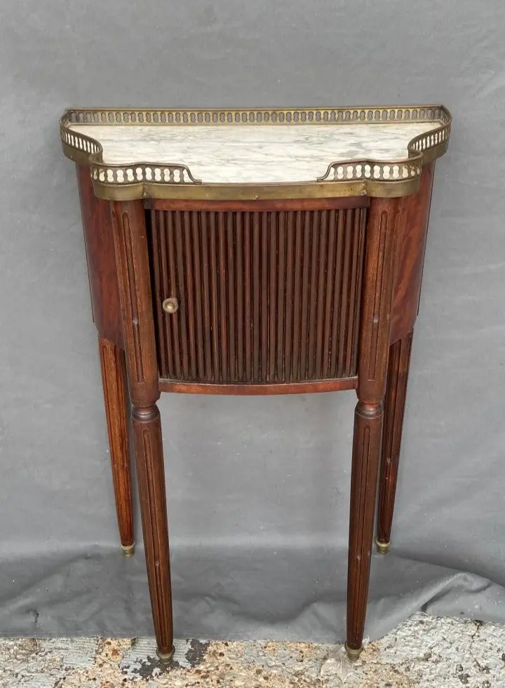 Louis Xvi Marble Top Walnut Tambour Door Small Cabinet 1