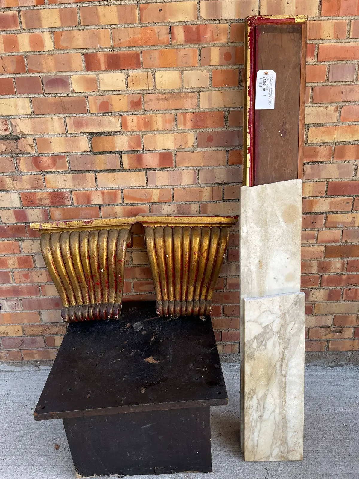 Pair Of Large Gold Reeded Corbels With Wood Marble Shelf As Found 1