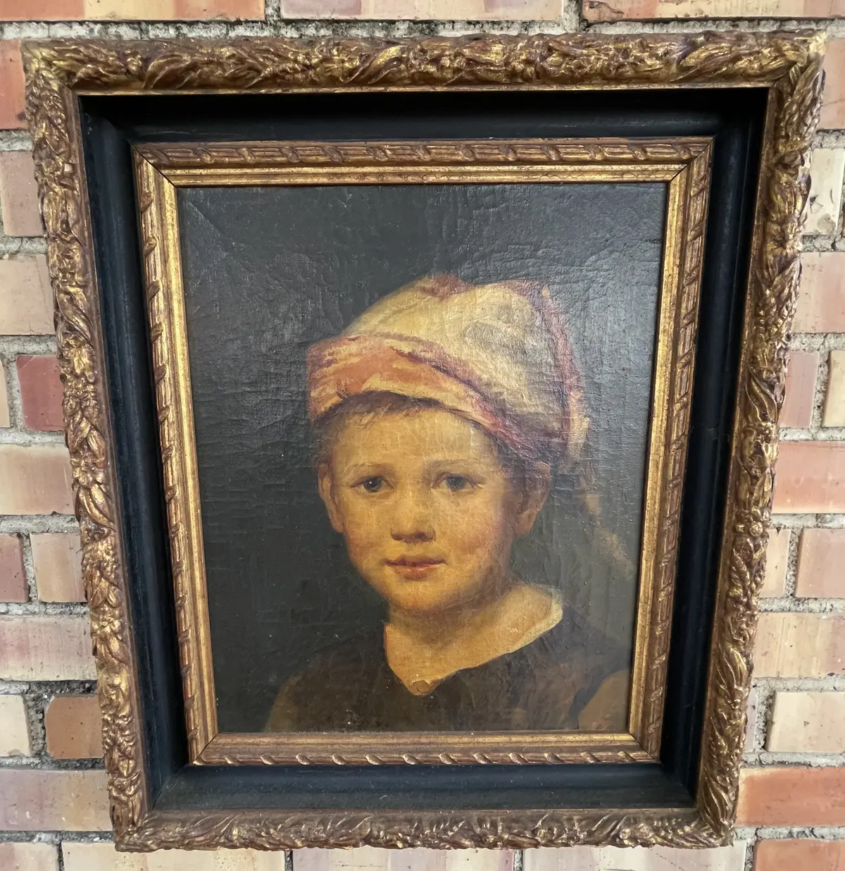 Black And Gold Framed Oil Painting Portrait Of A Young Girl With Cloth Headware 1