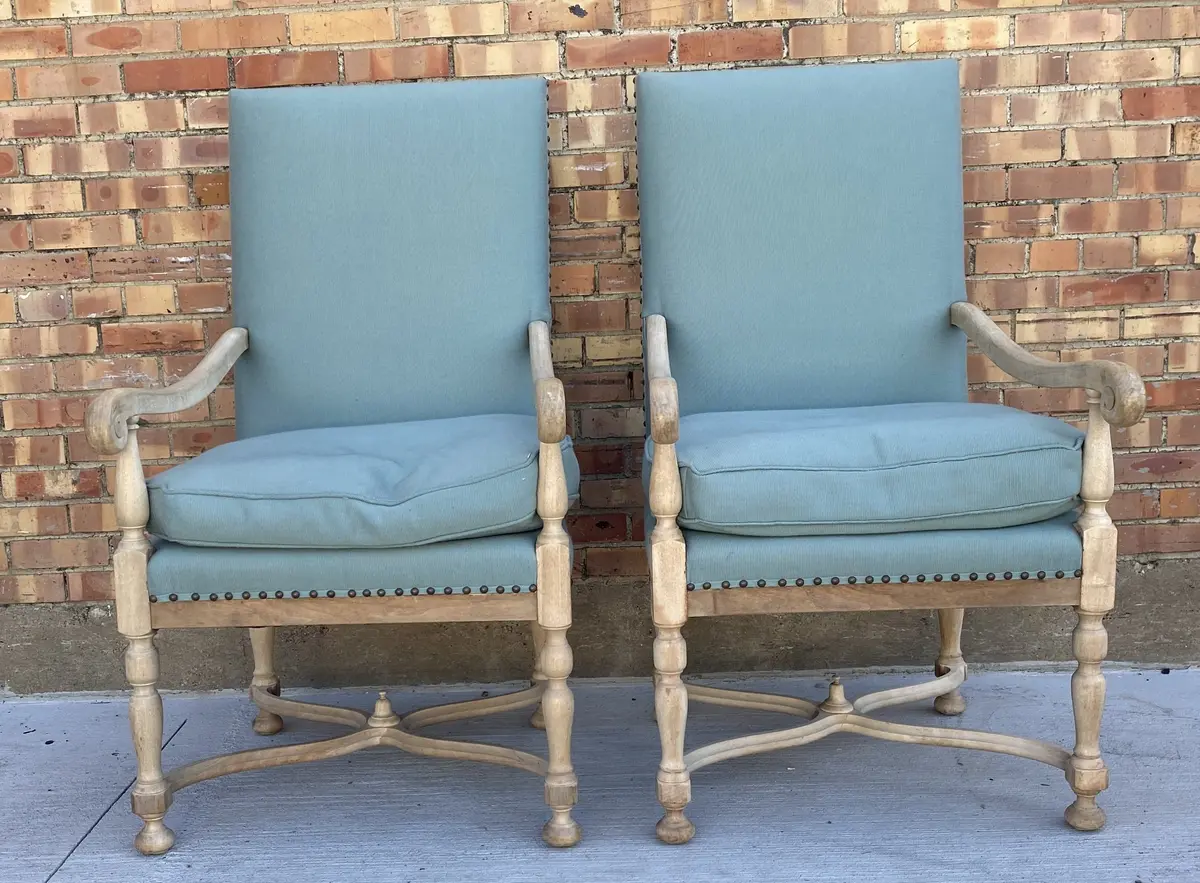 Pair Of Raw Mahogany Louis Xiii Style Armchairs With Green Upholstery 1