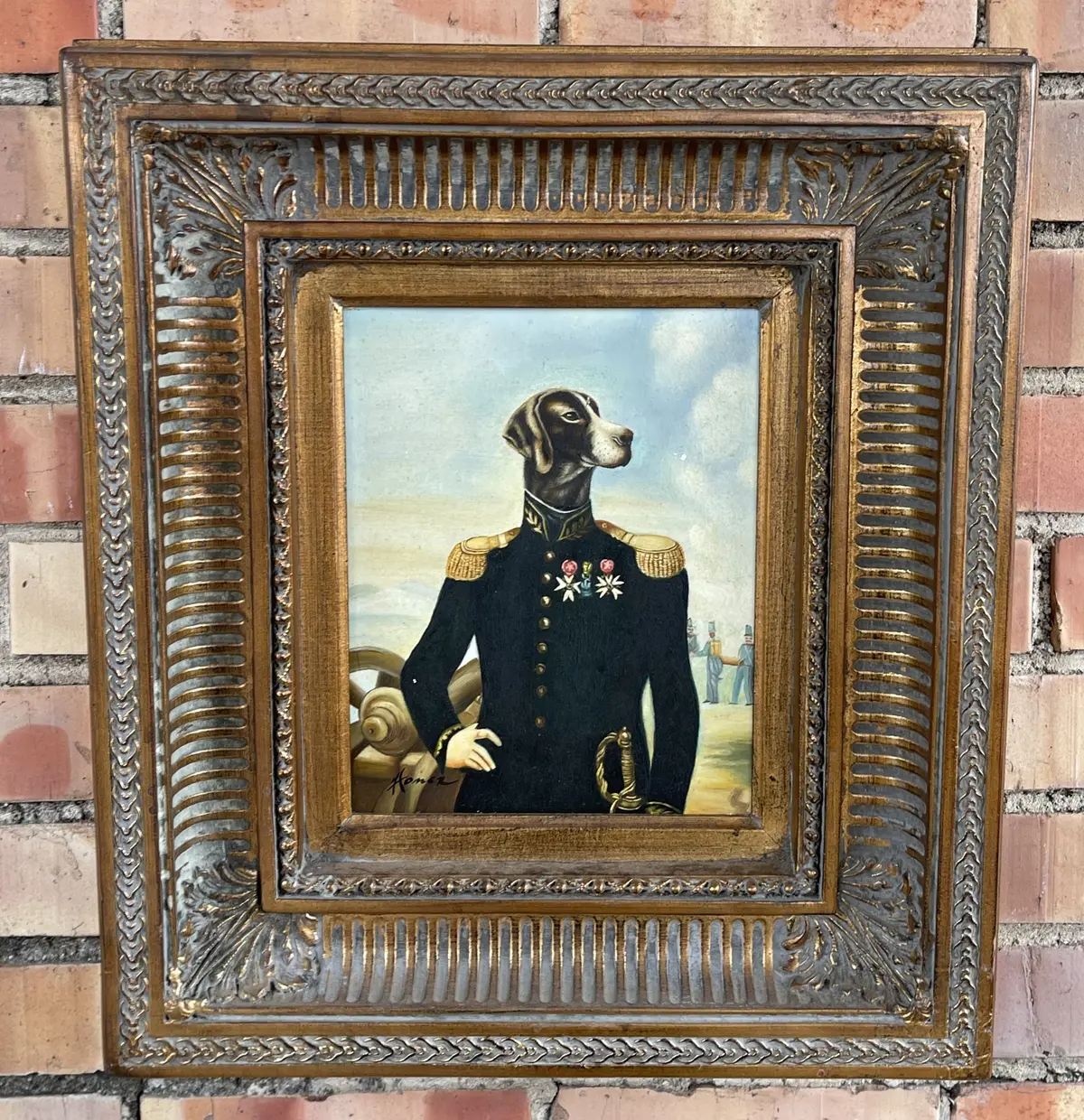 Framed Oil Painting Of A Dog In Unform 1