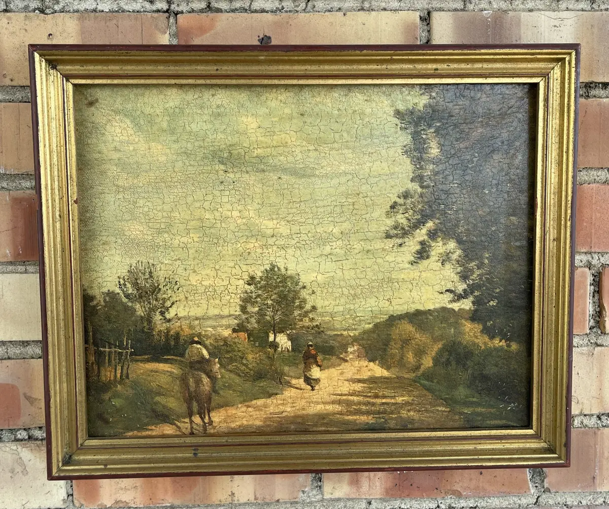 Small Gilt Framed Painting Of Peasants And A Donkey On The Road 1