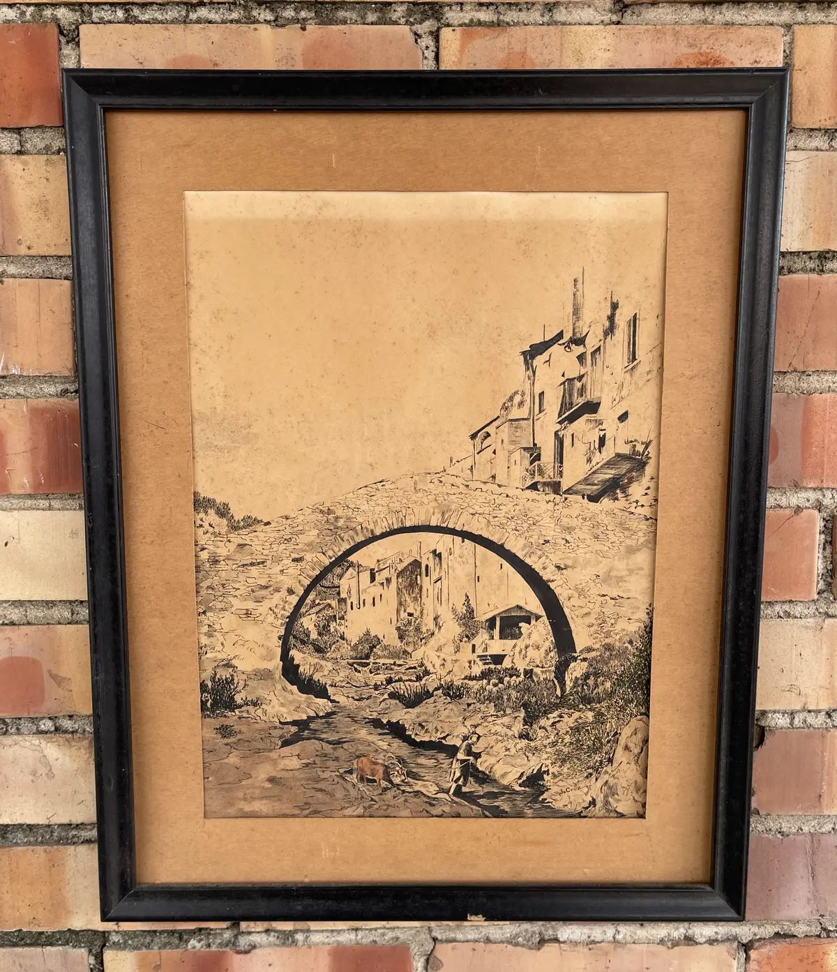 Ink Drawng Of A Town, Brdge And A Goat - As Is 1