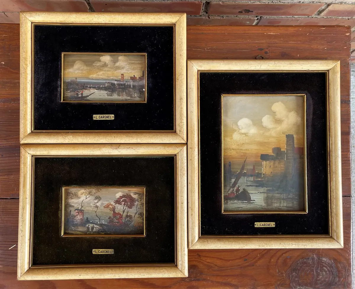Set Of 3 Small Seacape Boat Paintings By L. Cargnel 1
