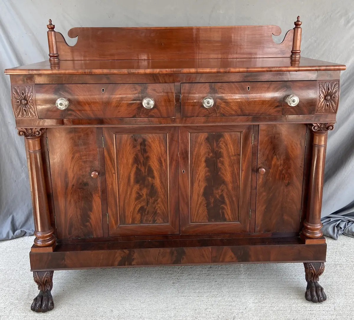 Empire Flame Mahogany 1840'S Server With Glass Knobs 1