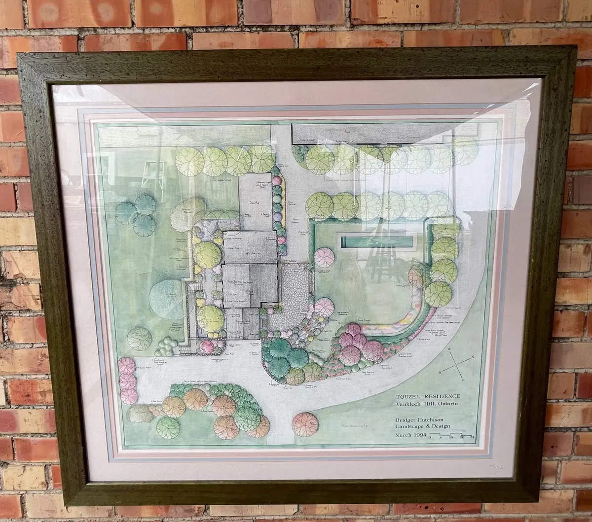 Large Framed Colored Landscape Drawing Under Glass 1