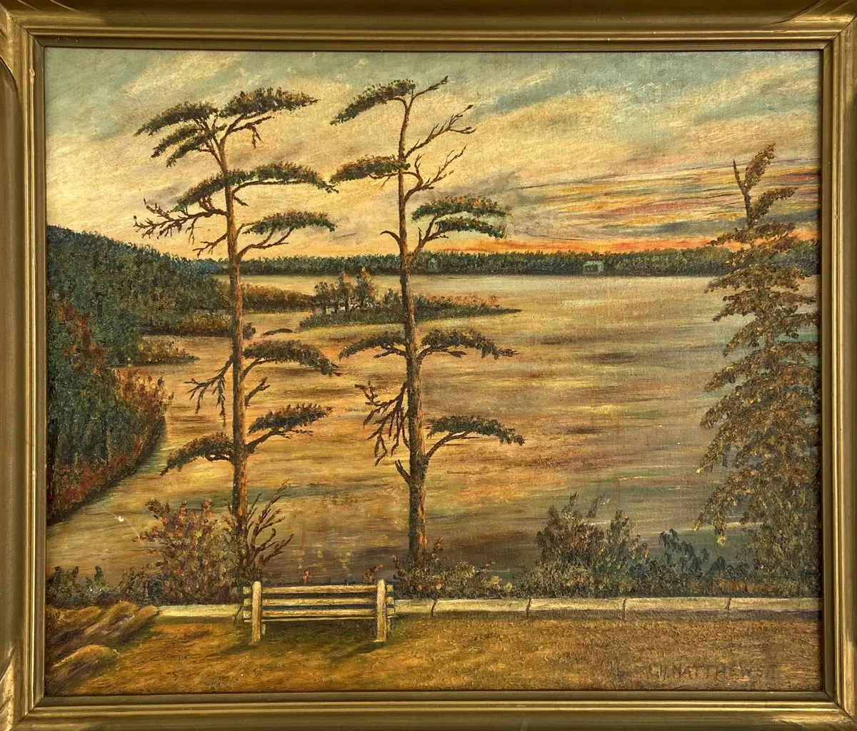 Oil Painting Of A Lake Shore With Trees And A Bench By C. H. Matthews 1