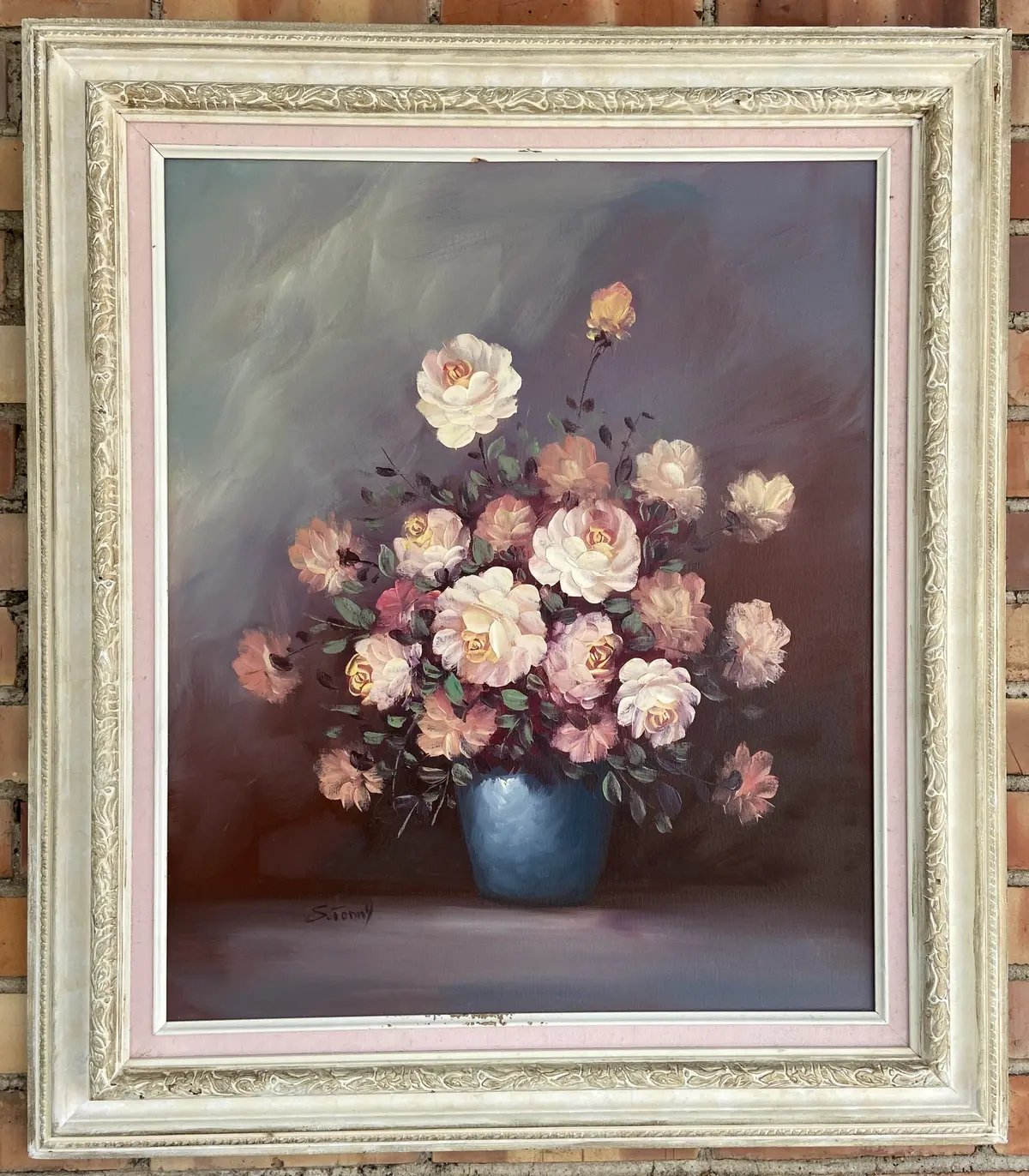 Framed Oil Painting Of White Roses By S. Tonny 1