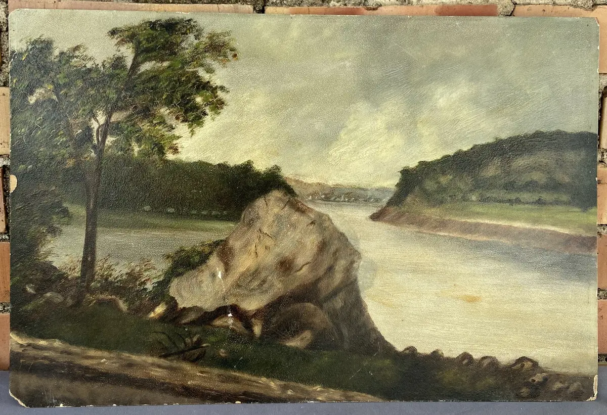 Unframed Oil Painting Of Boulder By A Lake 1
