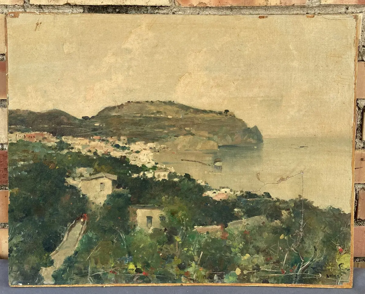 Unframed Oil Painting Of Village By The Sea 1