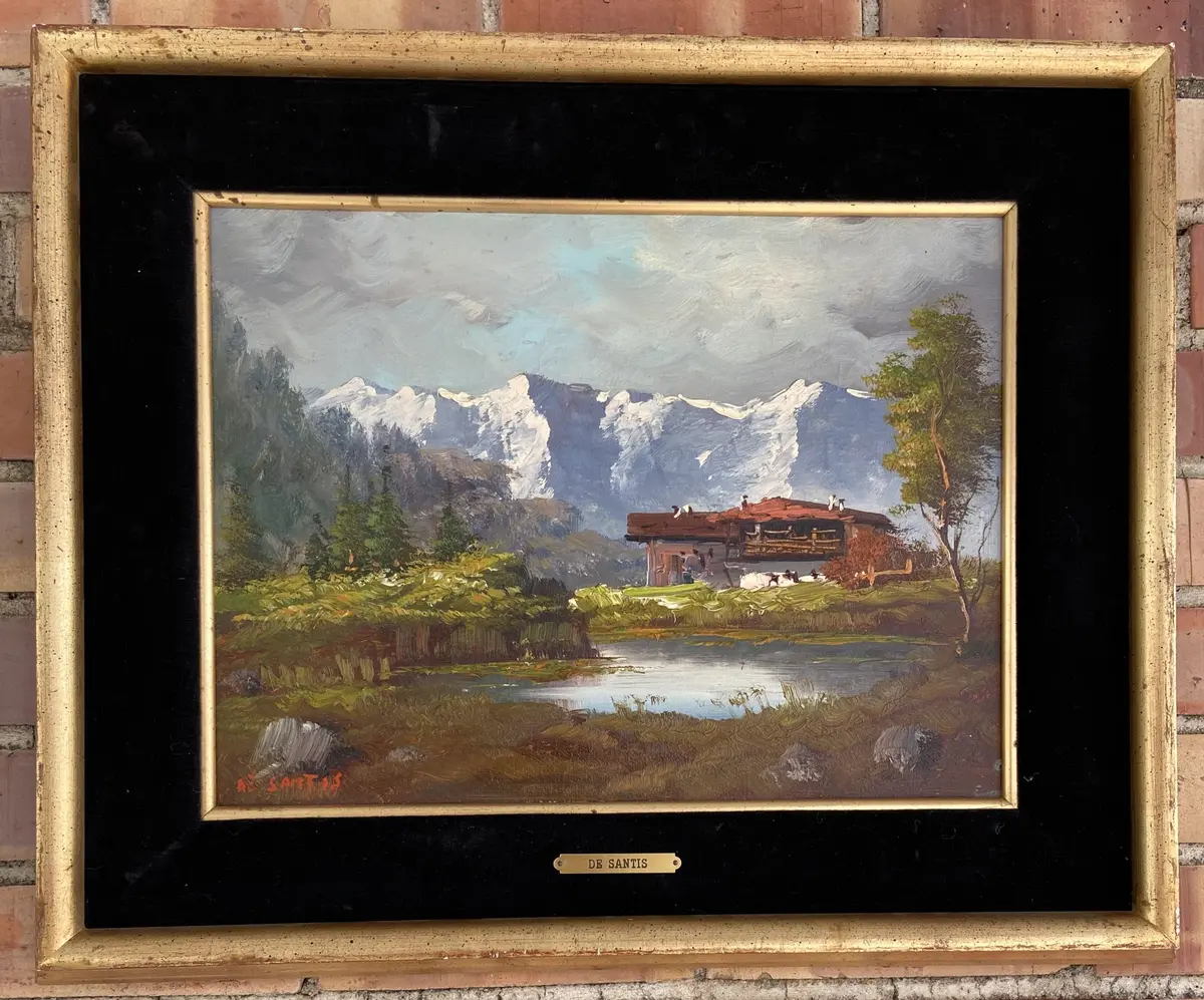 Impressionist Alpine Oil Painting With Red Roof House 1