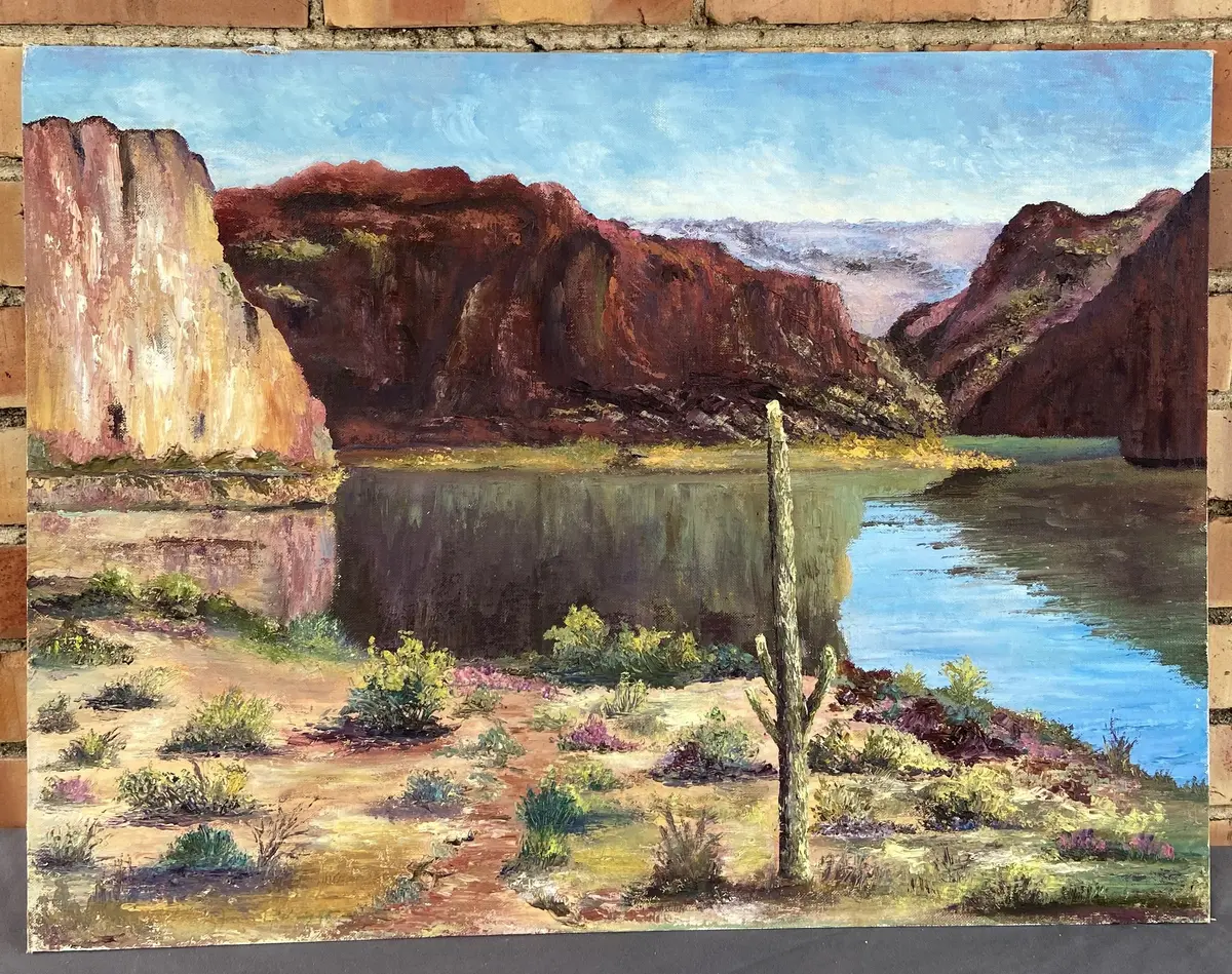 Oil Painting Of Buttes By A Lake By James C Wright 1966 1