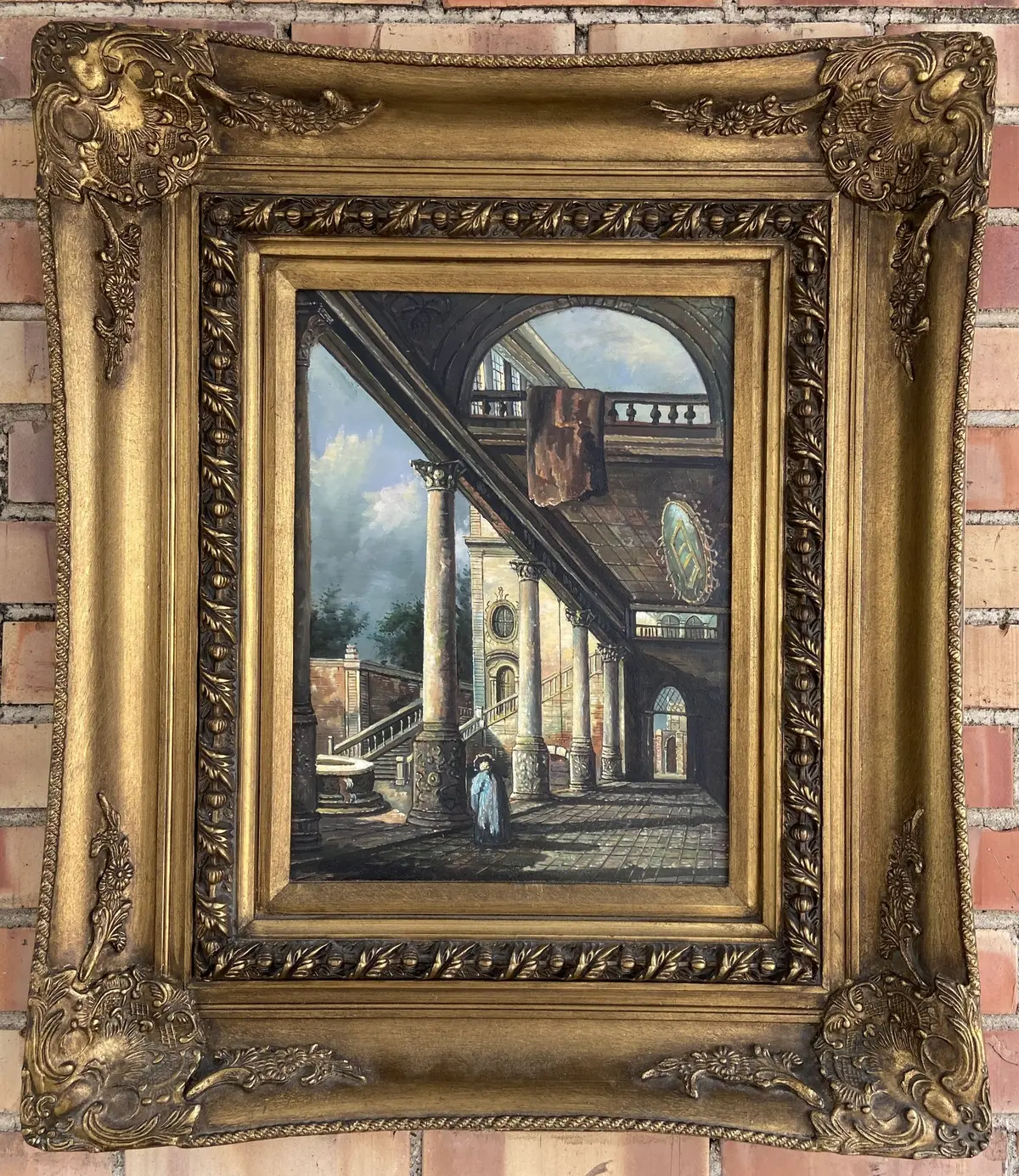 Nicely Framed Oil Painting Of Interiors And Exteriors Of Building 1