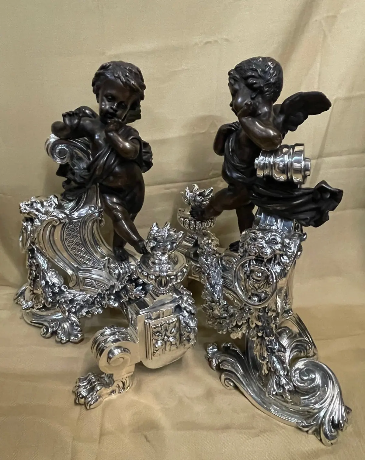 Chrome And Bronze Cherubs With Lions Andirons 1