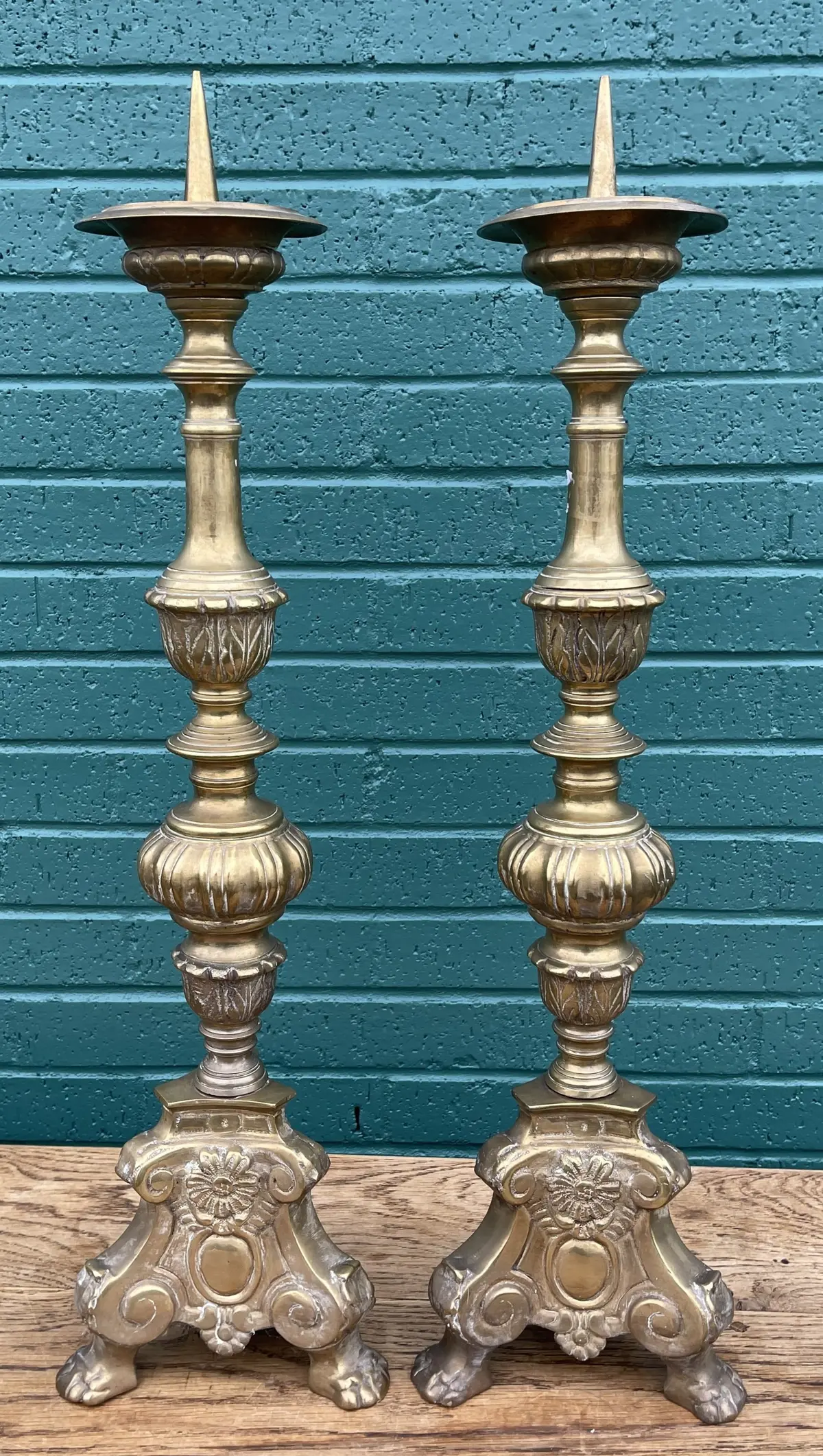 Sold Pair Of Large Heavy Brass Prickets 1