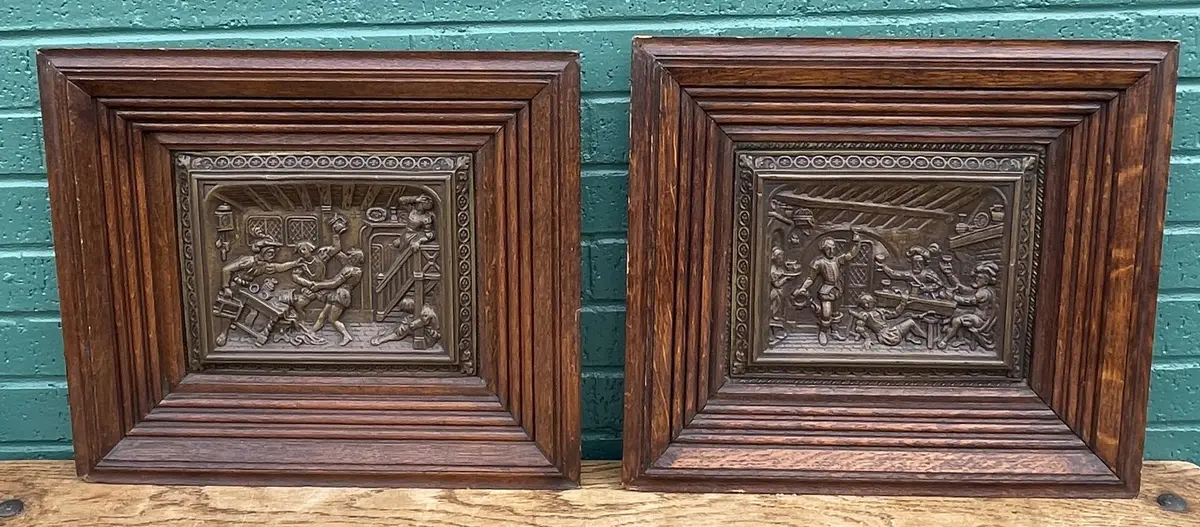 Pair Of French Brass And Oak Relief Tavern Scene Pictures 1