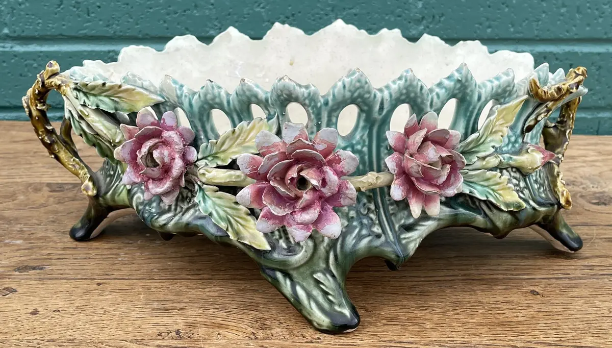 Oval Turquose And Pink Floral Majolica Planter 1