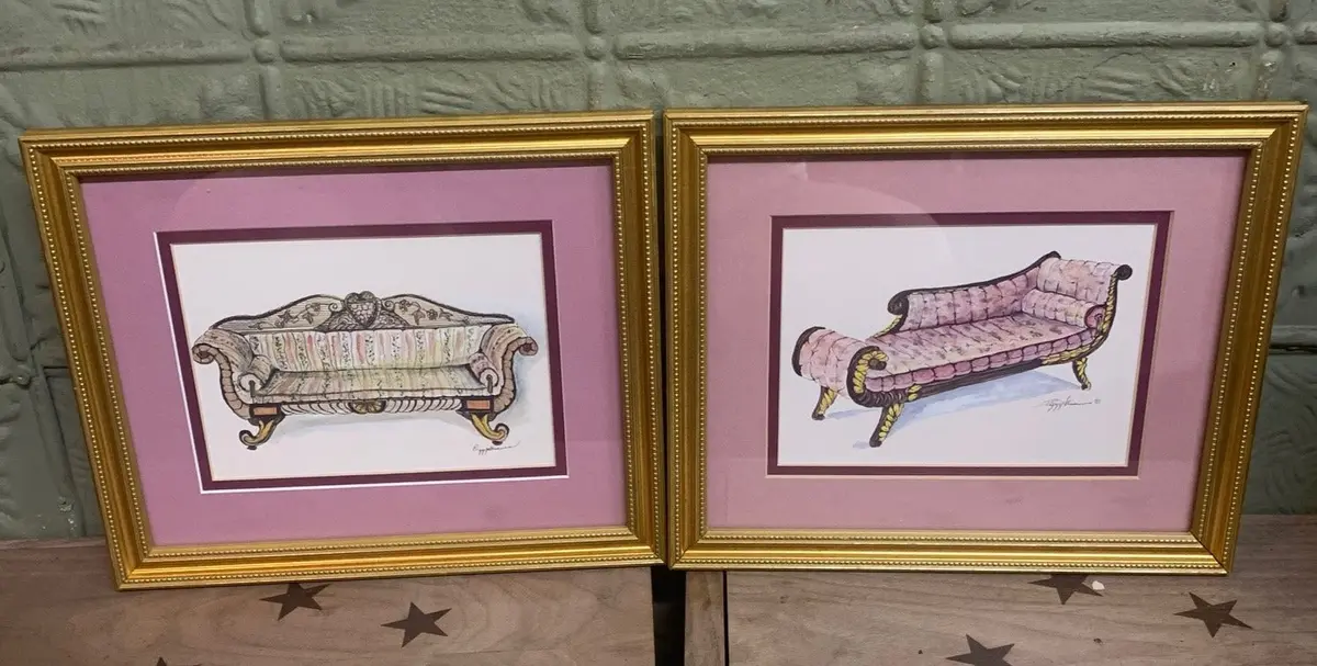 Pair Of Peggy Abrams Furniture Prints With Gold Frames 1