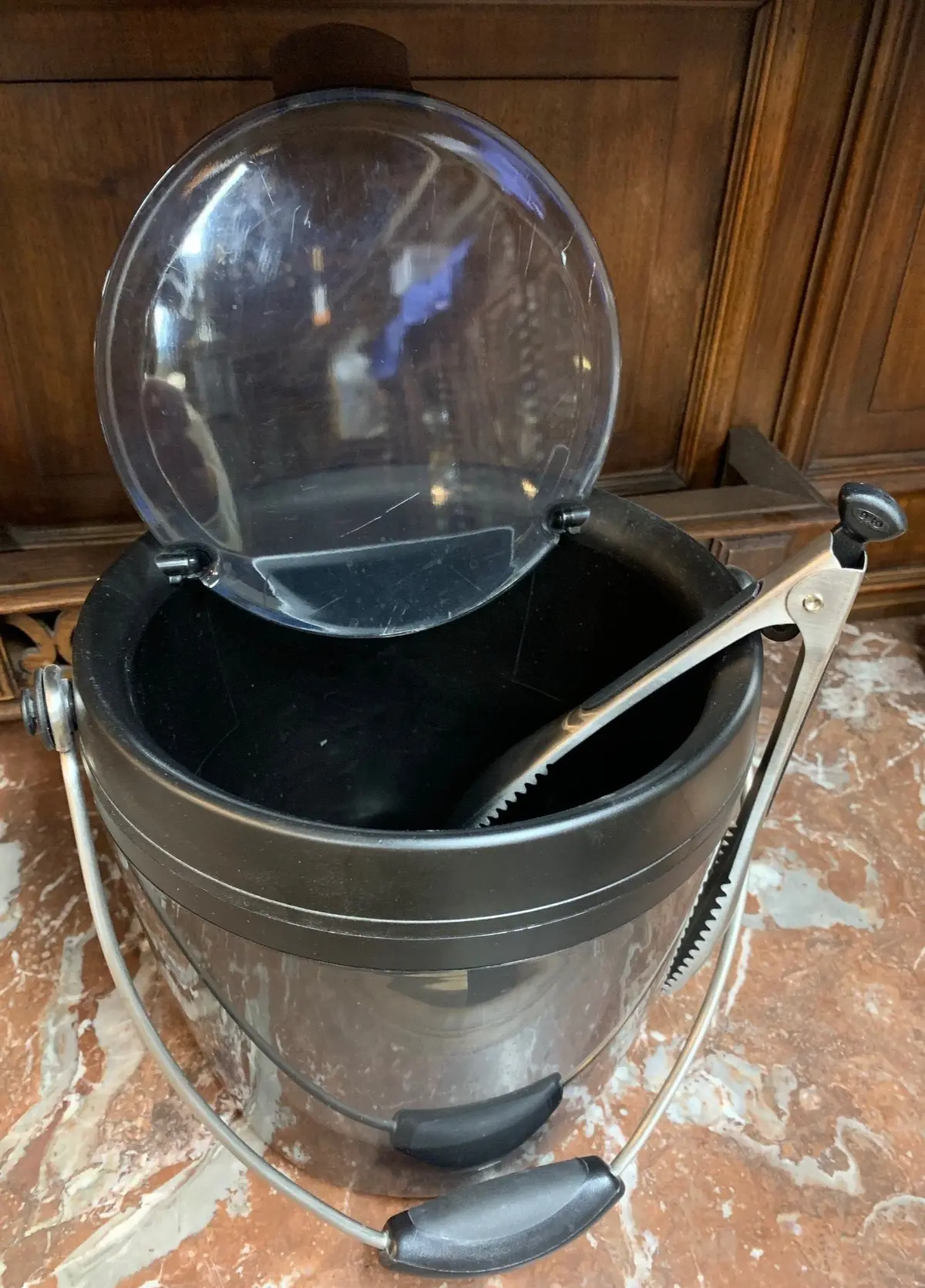 Not Old Black Ice Bucket With Tongs 1