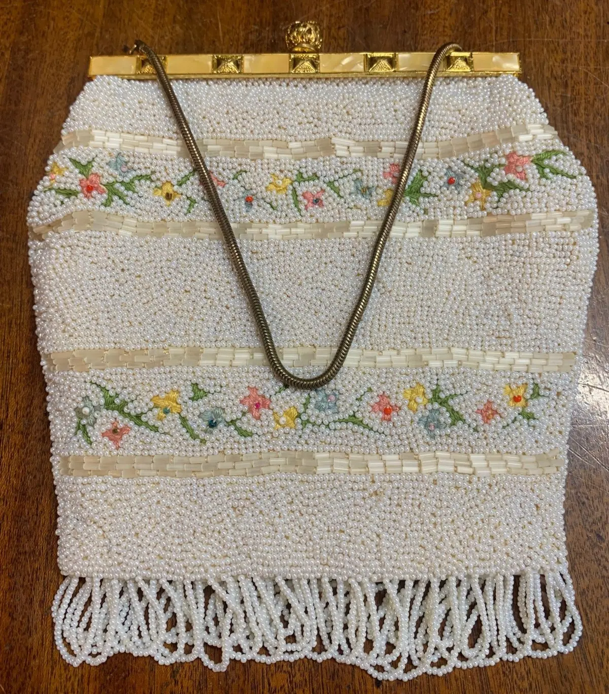 White Beaded Cinderella Purse With Flower Embroidery 1
