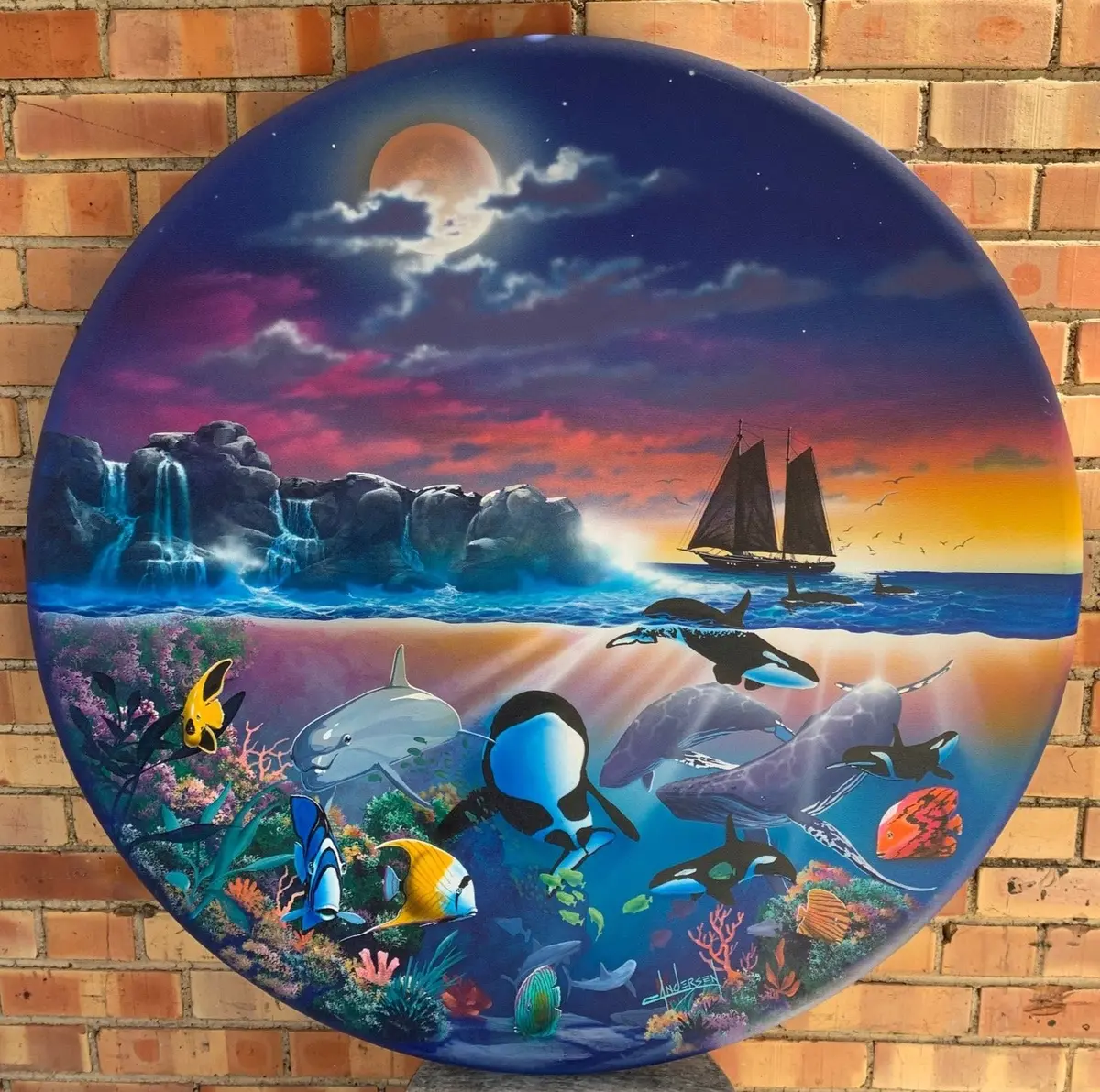 Round Oil Painting Of Aquatic Scene "Sea Of Dreams" By Claus Anderson 1