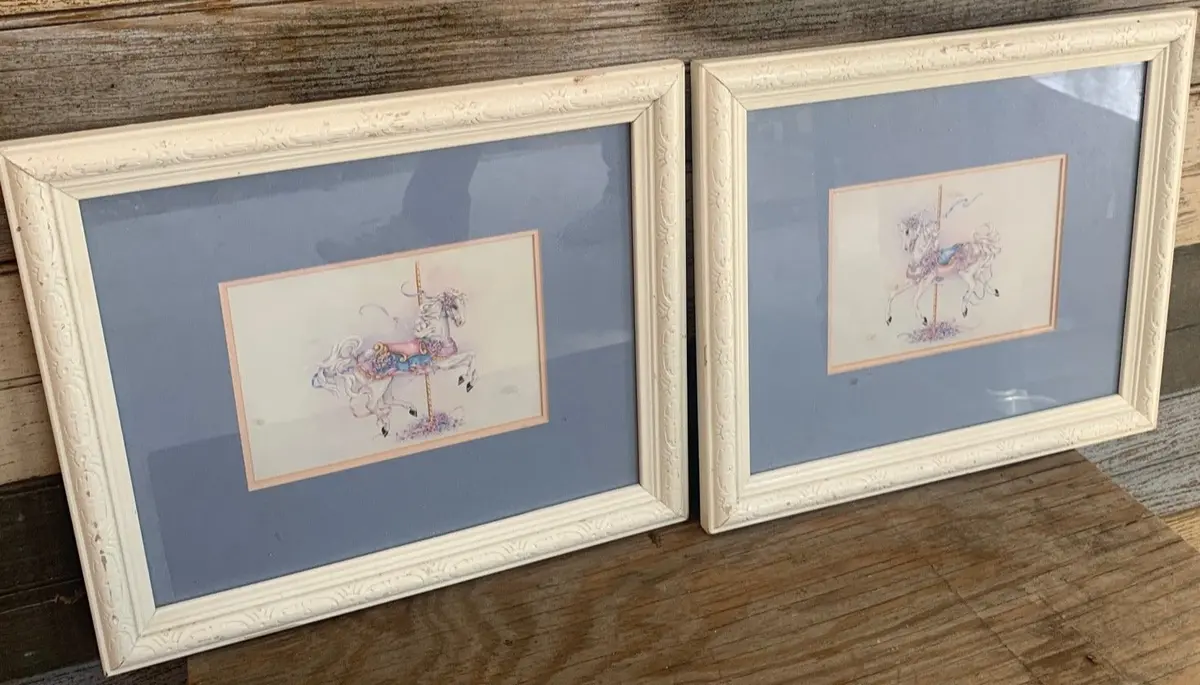 Pair Of Carousel Hourse Prints In White Frames 1