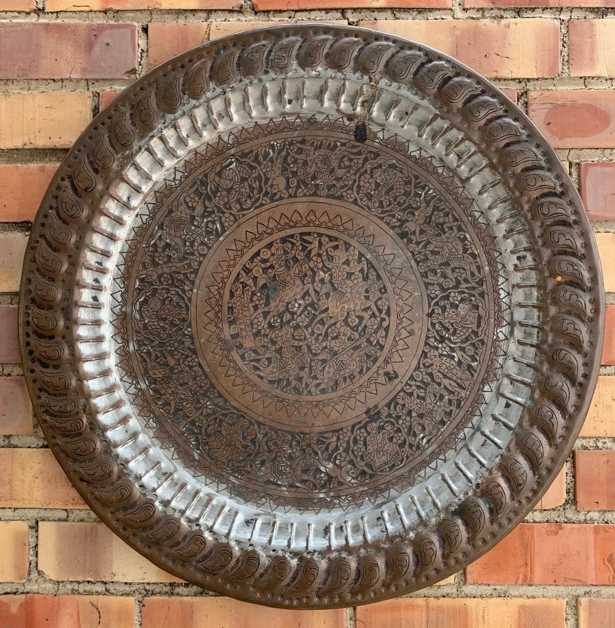 Heavy Incised Copper Tray With Silver Overlay 1