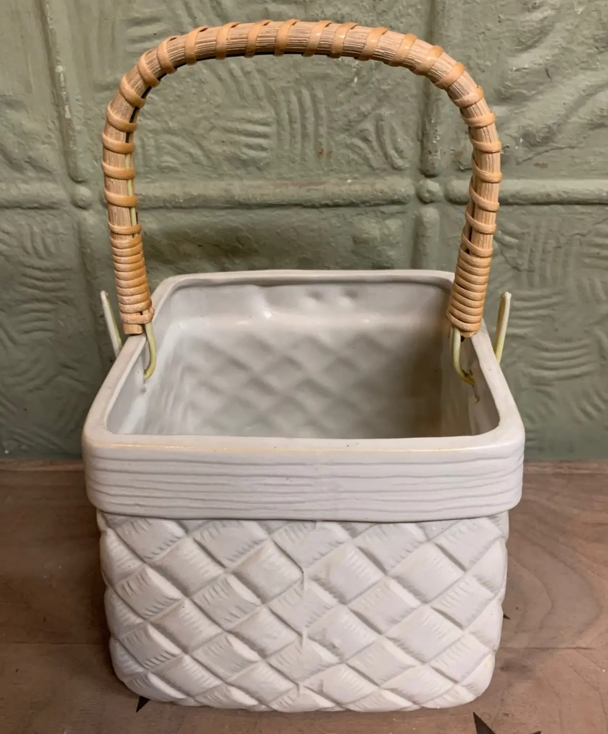 Medium White Ceramic Basket With Rattan Handle 1